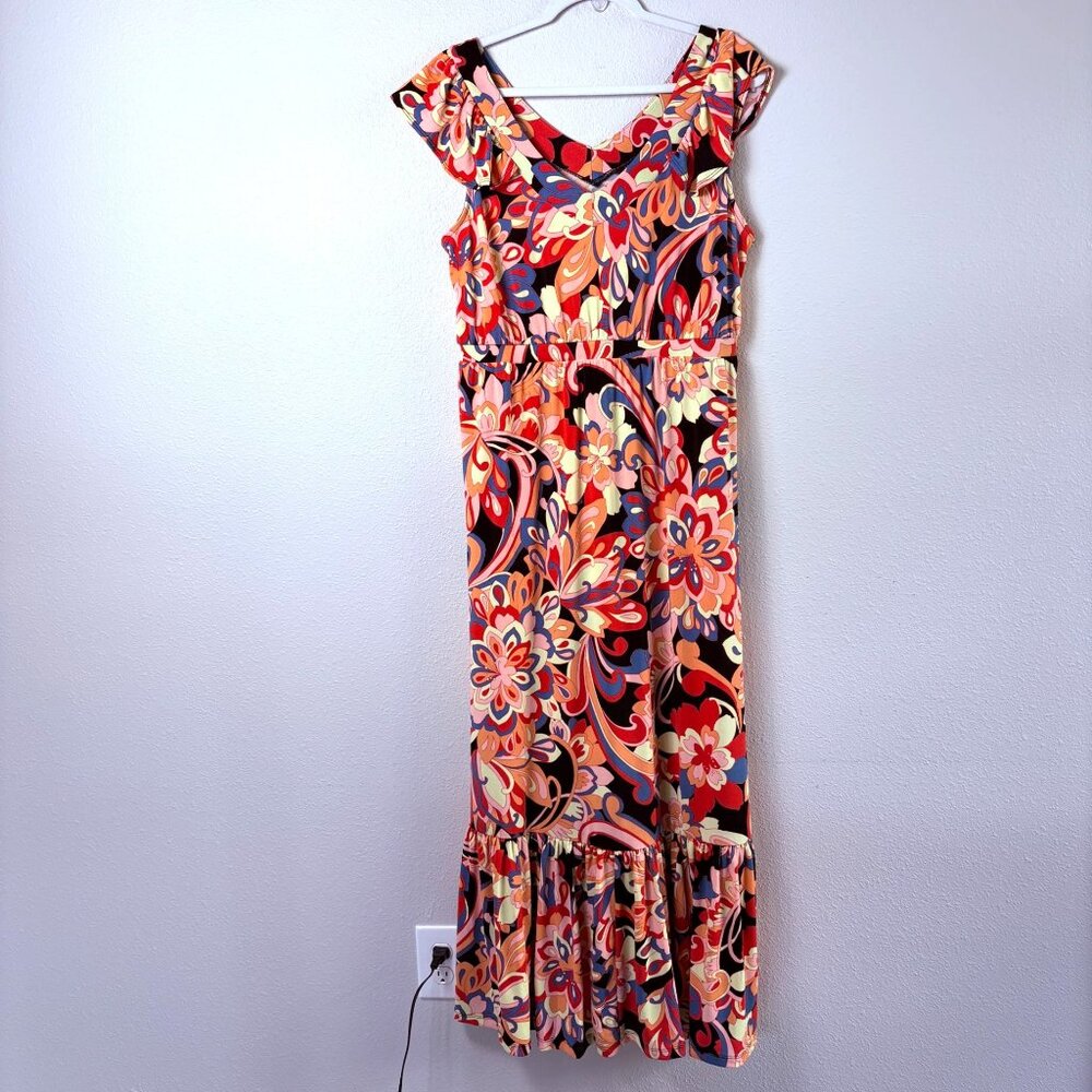 Iman Maxi Dress Size L Red Black Orange Knit Retro Floral Tiered Flutter Sleeve